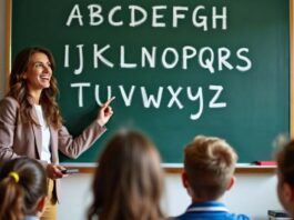 Teacher pointing at alphabet on chalkboard