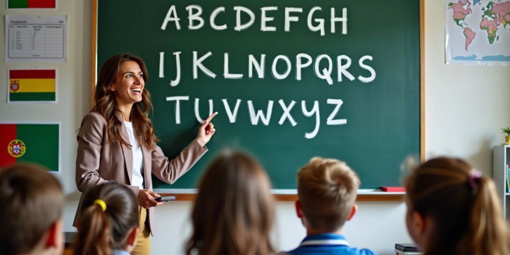 Teacher pointing at alphabet on chalkboard