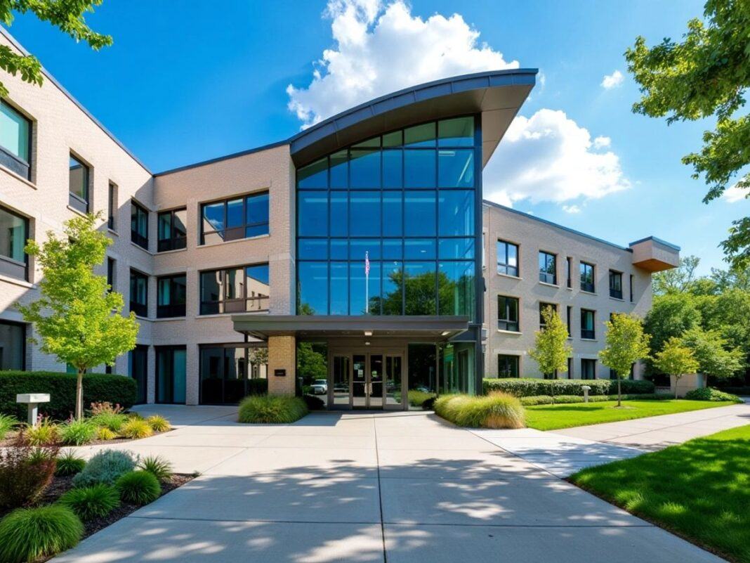 Modern university residence building with greenery and blue skies.