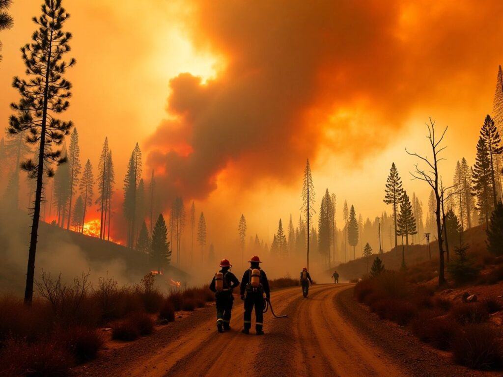 Firefighters combating wildfires in a smoky landscape.