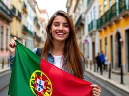 Woman with Portuguese flag in Lisbon street