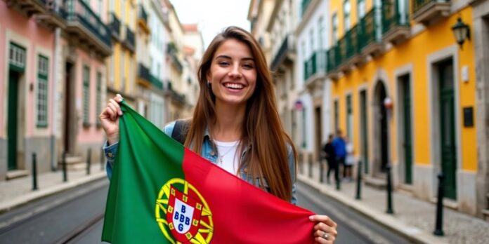 Woman with Portuguese flag in Lisbon street