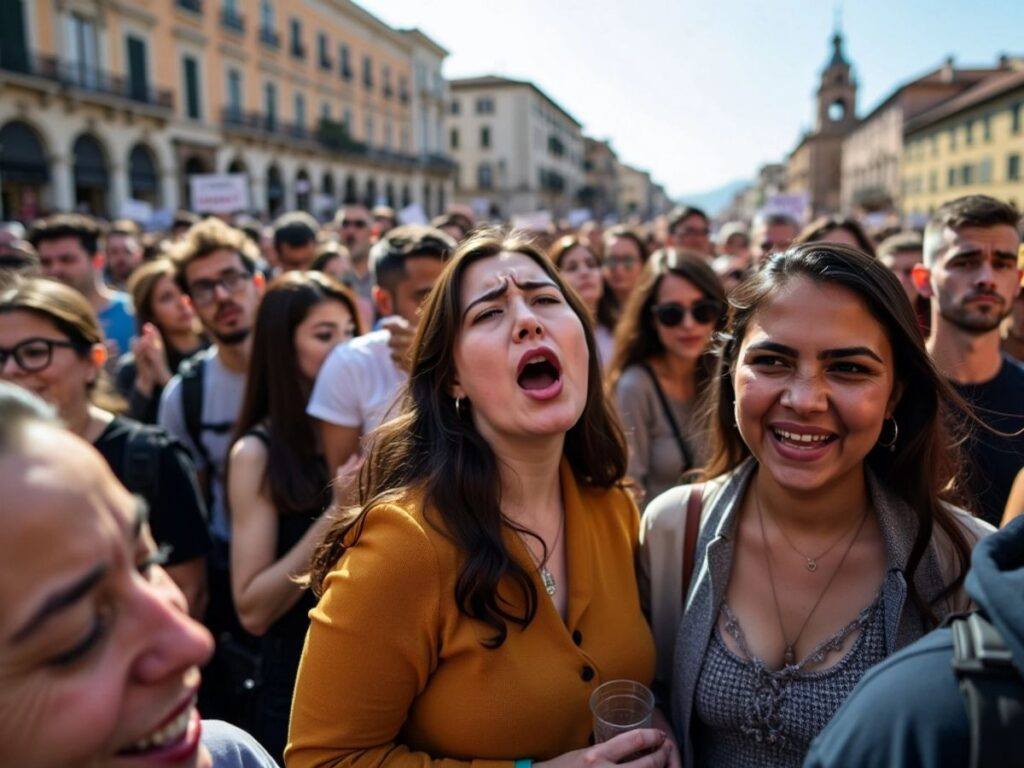 Crowd of people protesting in a city square.