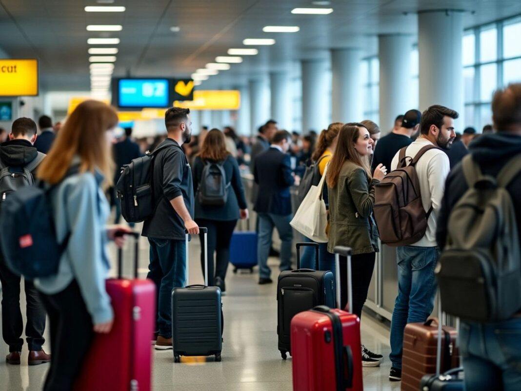 Crowded airport with travelers at busy passport control.