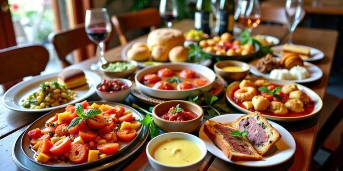 Traditional Portuguese dishes on a rustic table