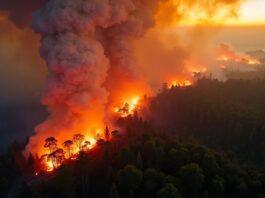 Aerial view of wildfires burning through forests in Portugal.