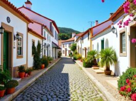 Charming village in Portugal with cobblestone streets and flowers.