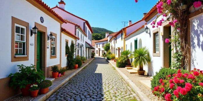 Charming village in Portugal with cobblestone streets and flowers.