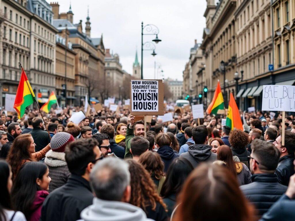 Crowd of protesters in a city square.