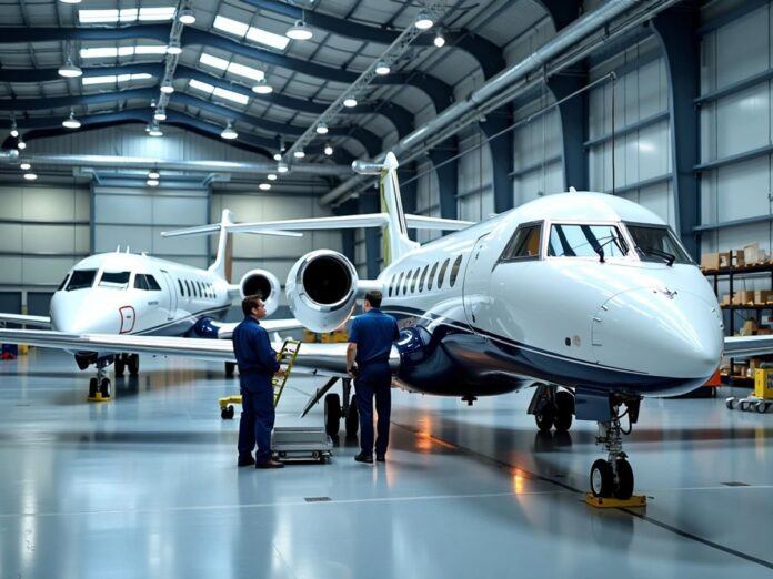 Technicians working on E-Jets E2 in a hangar.