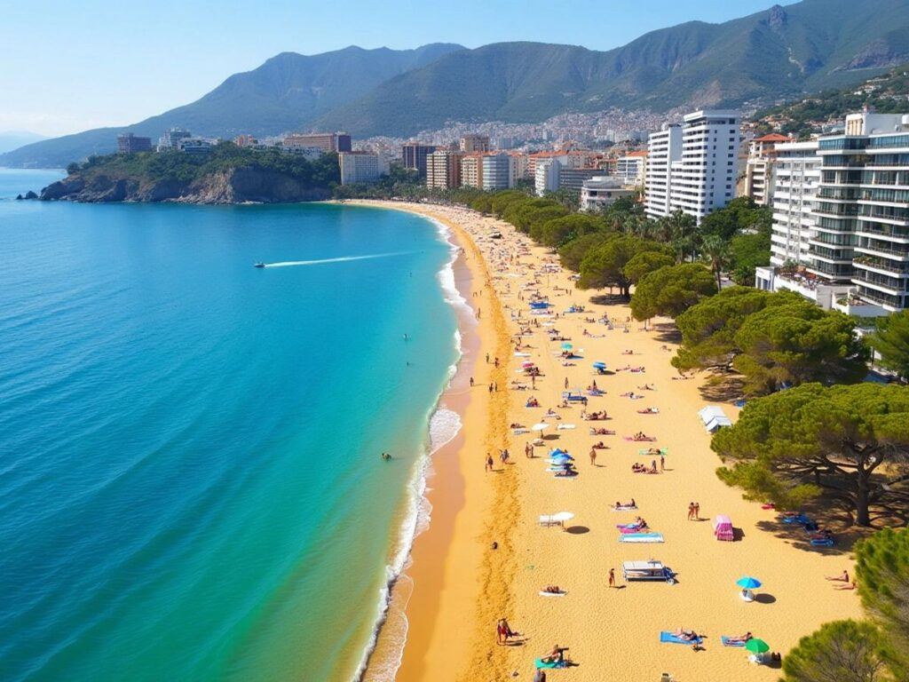 Beach with tourists and cityscape in background