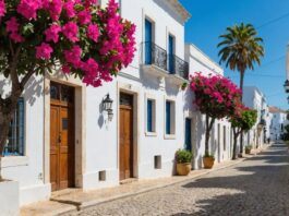 Charming streets of Tavira with white buildings and flowers