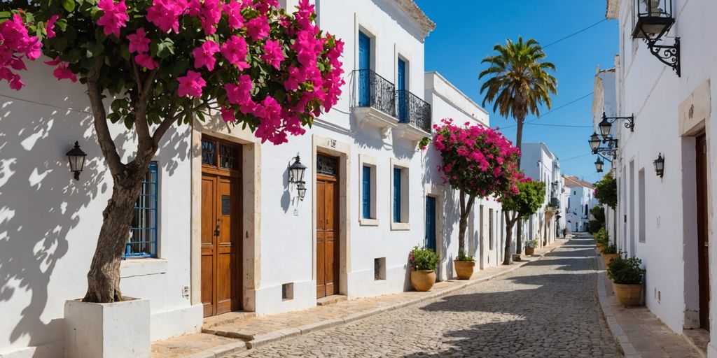 Charming streets of Tavira with white buildings and flowers