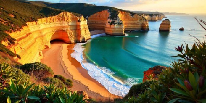 Algarve coastline with sandy beaches and turquoise waters.