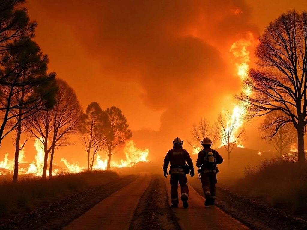 Firefighters combating wildfires in Portugal's devastated landscape.