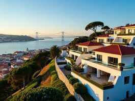 Aerial view of Lisbon's luxury homes and Tagus River.