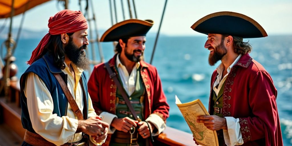 Three Portuguese explorers on a ship deck at sea.