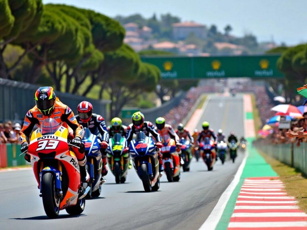 Motorbikes racing at the Portugal Grand Prix.