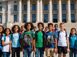 Schoolchildren in front of Portuguese Parliament