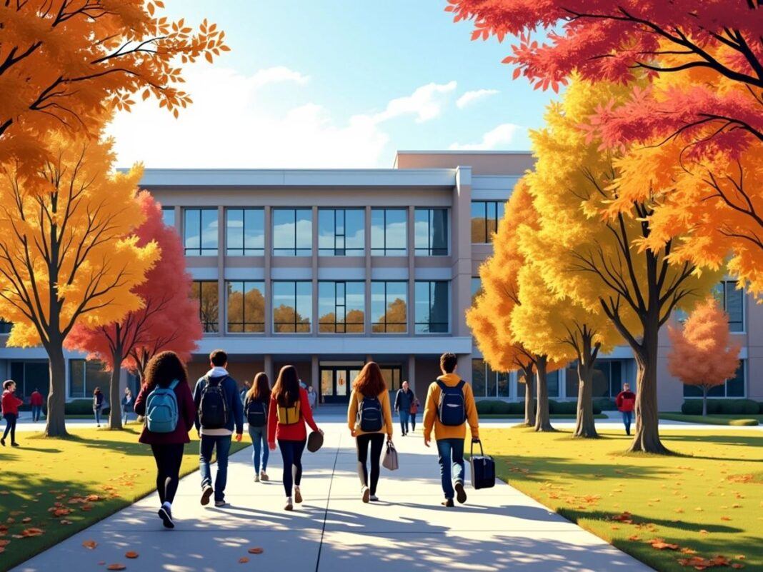 Students walking on a colorful school campus