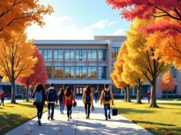 Students walking on a colorful school campus