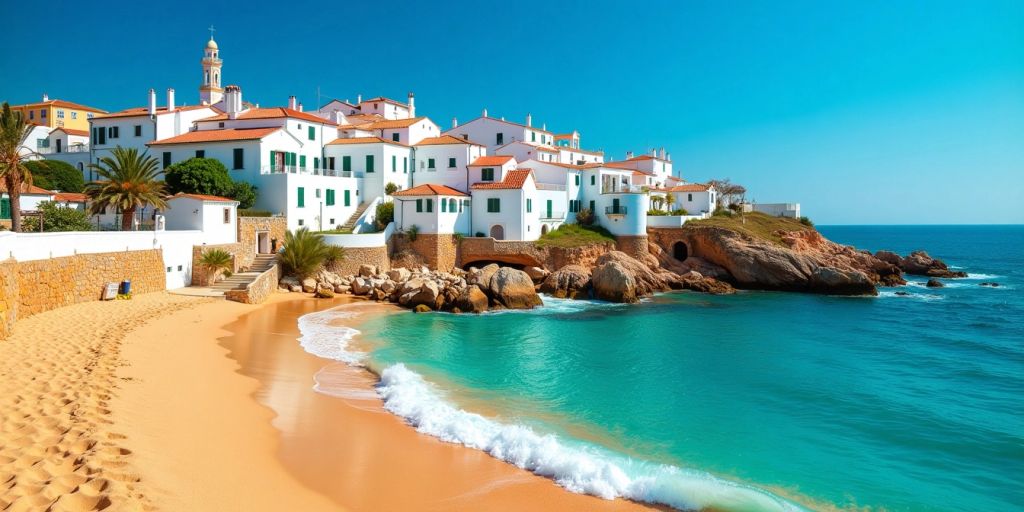 Portugal beach with clear waters and white buildings