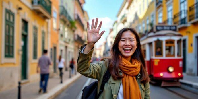 Person waving on a Lisbon street with tram