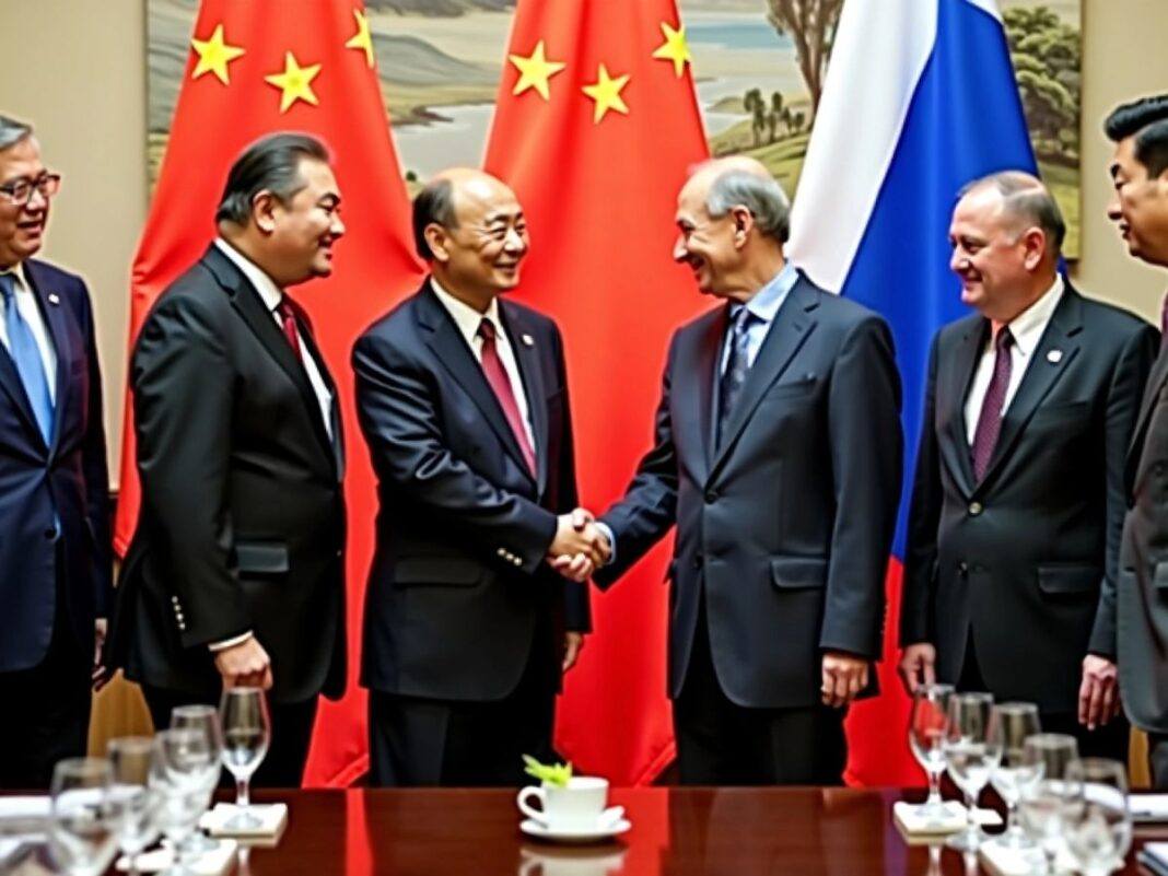 Chinese and Russian diplomats shaking hands