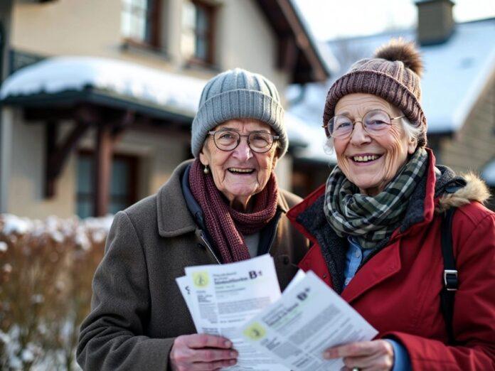 Elderly British pensioners outside snowy European house.