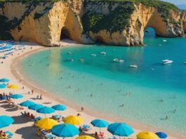 Golden cliffs and turquoise waters in Algarve