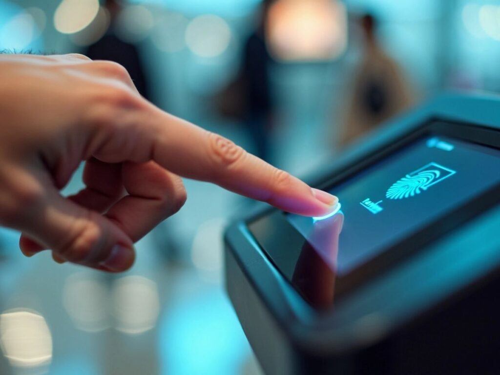 Biometric scanner with a finger being scanned at airport.