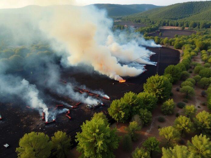 Firefighters battling wildfires in Portugal's green landscape.