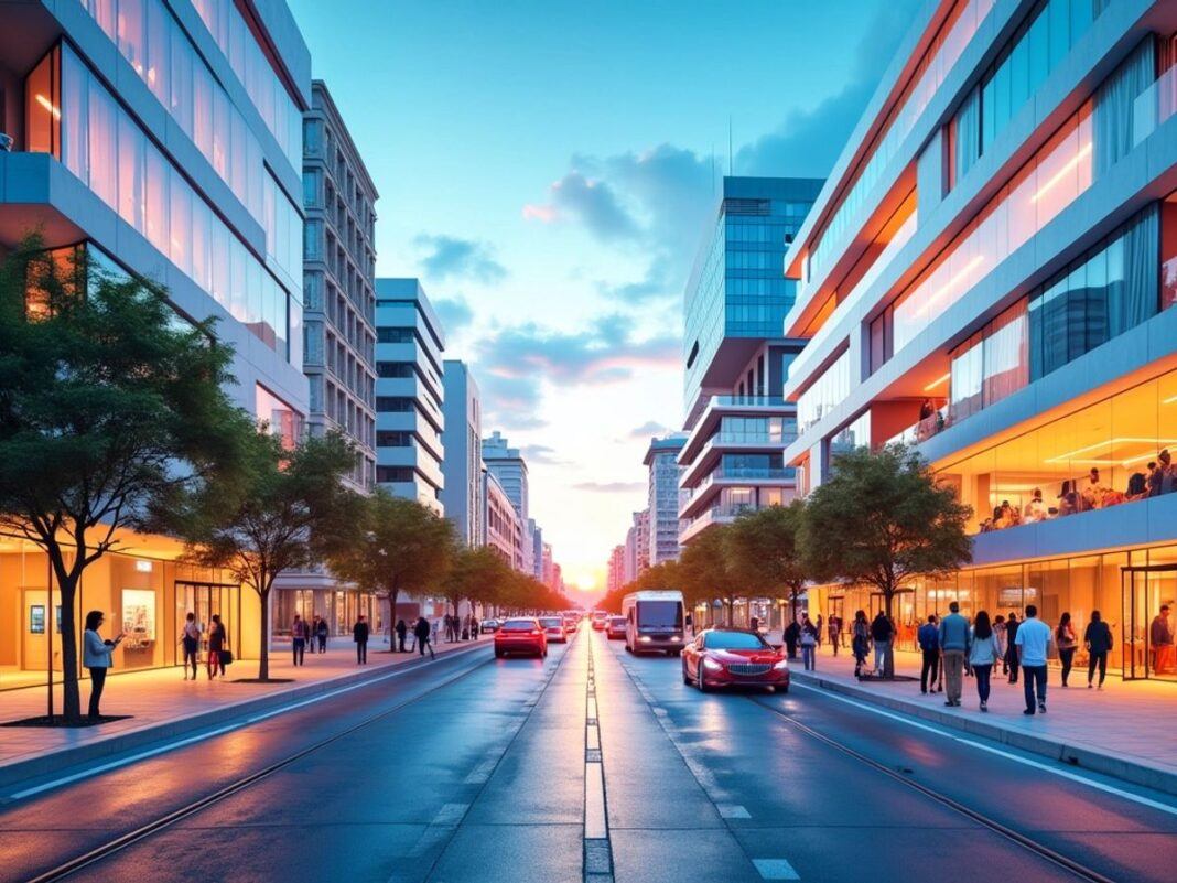 Lisbon cityscape with modern architecture and digital technology.