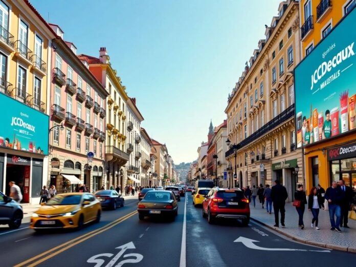 Lisbon cityscape with JCDecaux billboards and historic buildings.