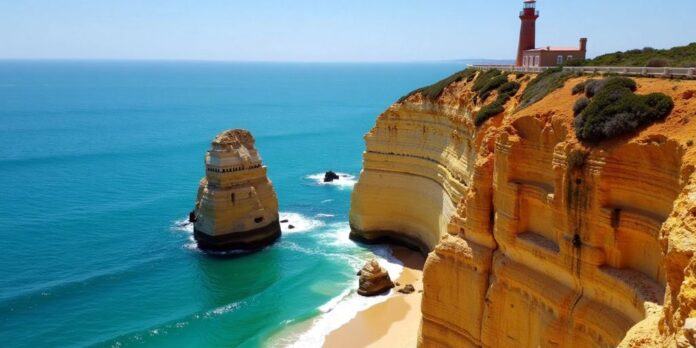 Sagres coastline with cliffs and lighthouse