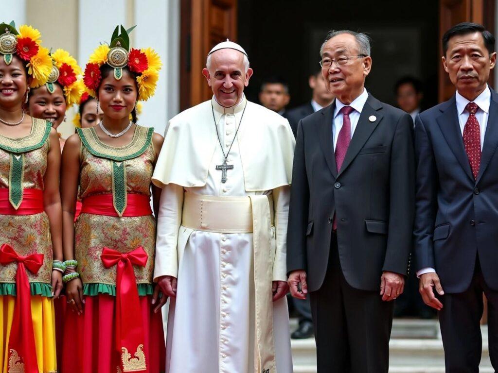 Pope Francis with East Timorese dancers and Singaporean officials