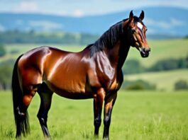 Lusitano horse standing in a green field.