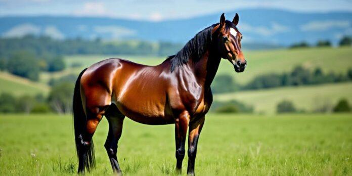 Lusitano horse standing in a green field.