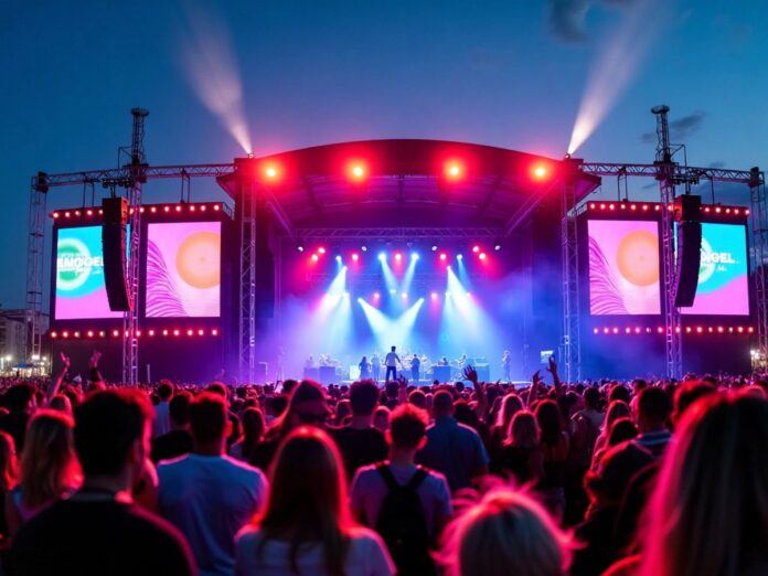 Outdoor music festival with stage and crowd