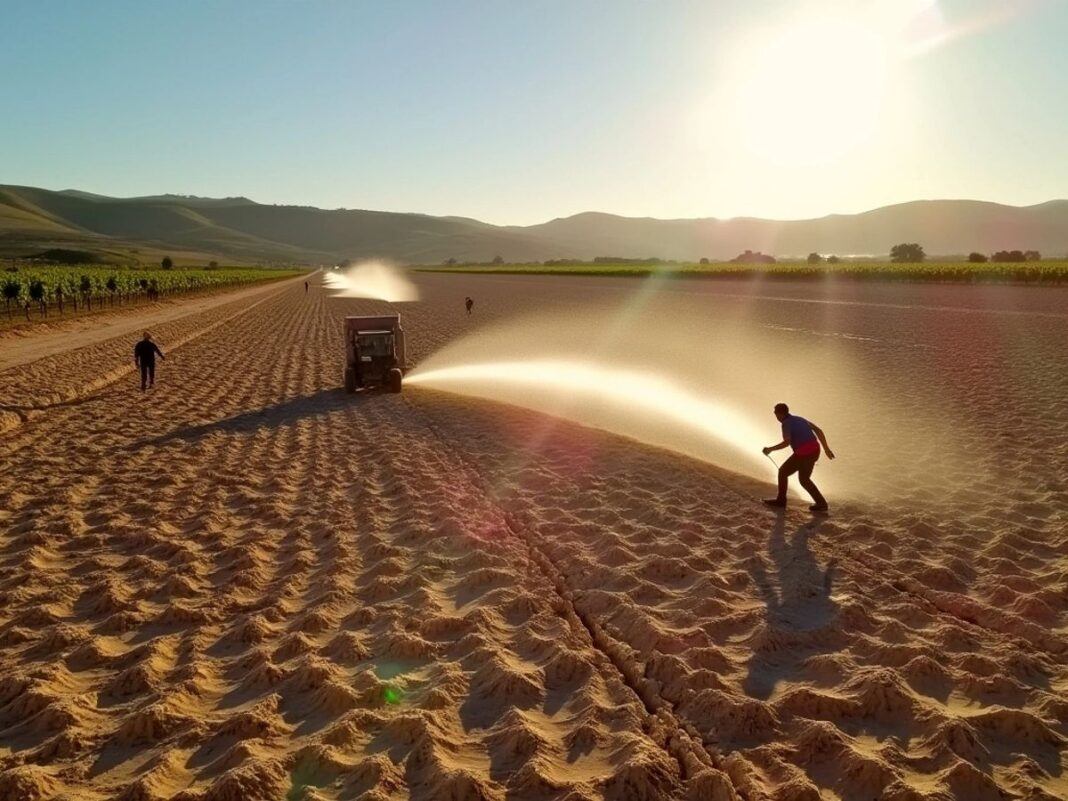 Farmers working in dry fields under a bright sun.