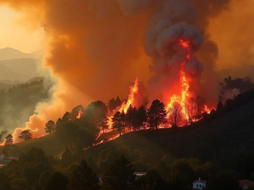 Aerial view of wildfires in Portugal with smoke and flames.