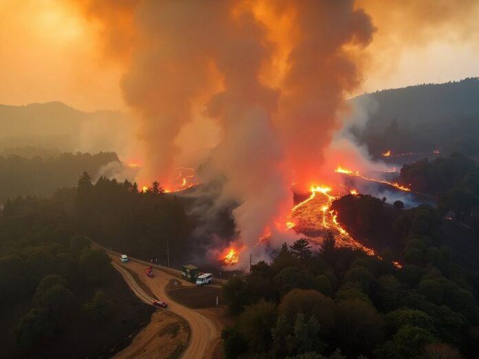 Wildfires in Portugal with smoke and emergency responders.