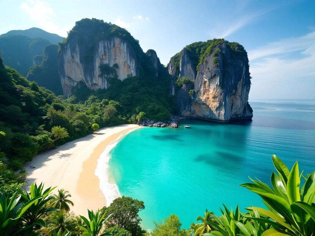 Tropical beach in Thailand with lush greenery and clear waters.