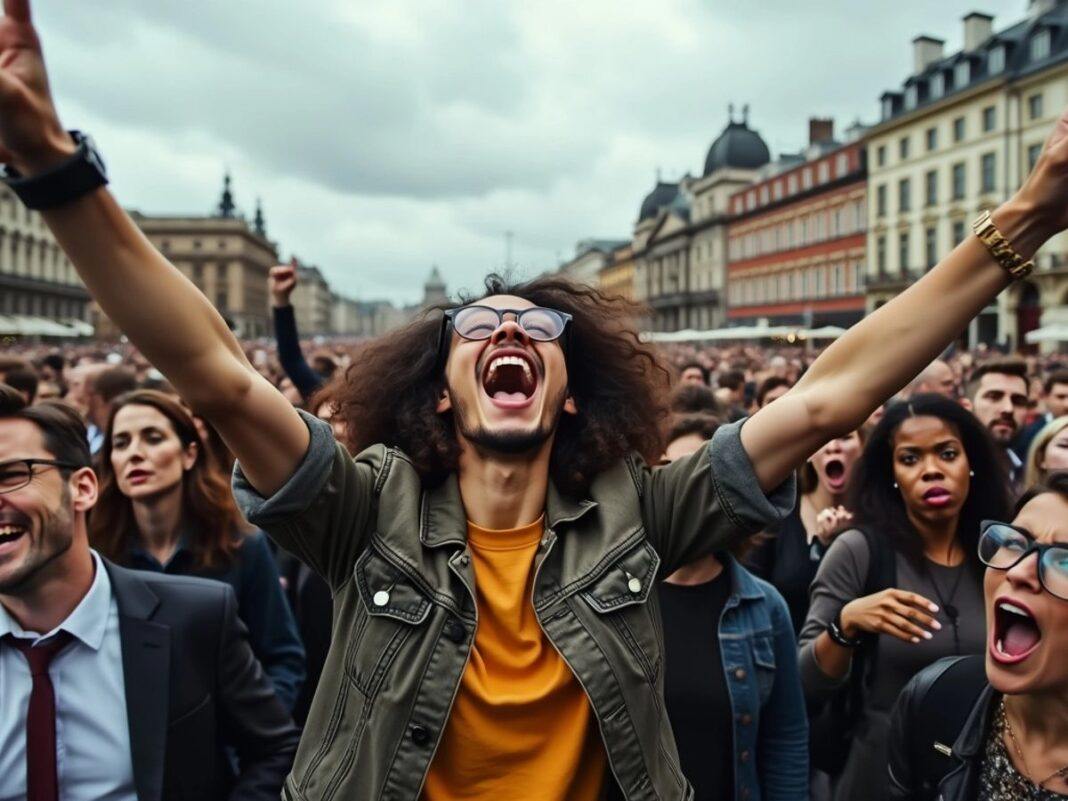 Crowd of people gathered in Lisbon during a protest.