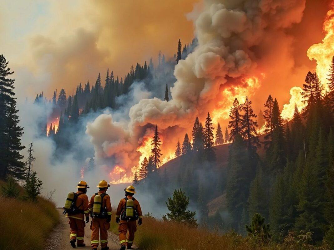 Firefighters extinguishing flames in a forested area.