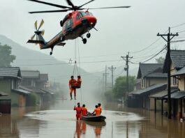 Helicopter rescuing people from a flooded town.