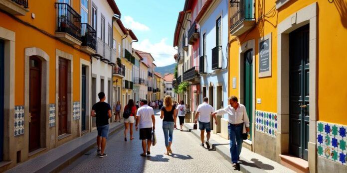 Colorful Portuguese street with locals and traditional architecture.