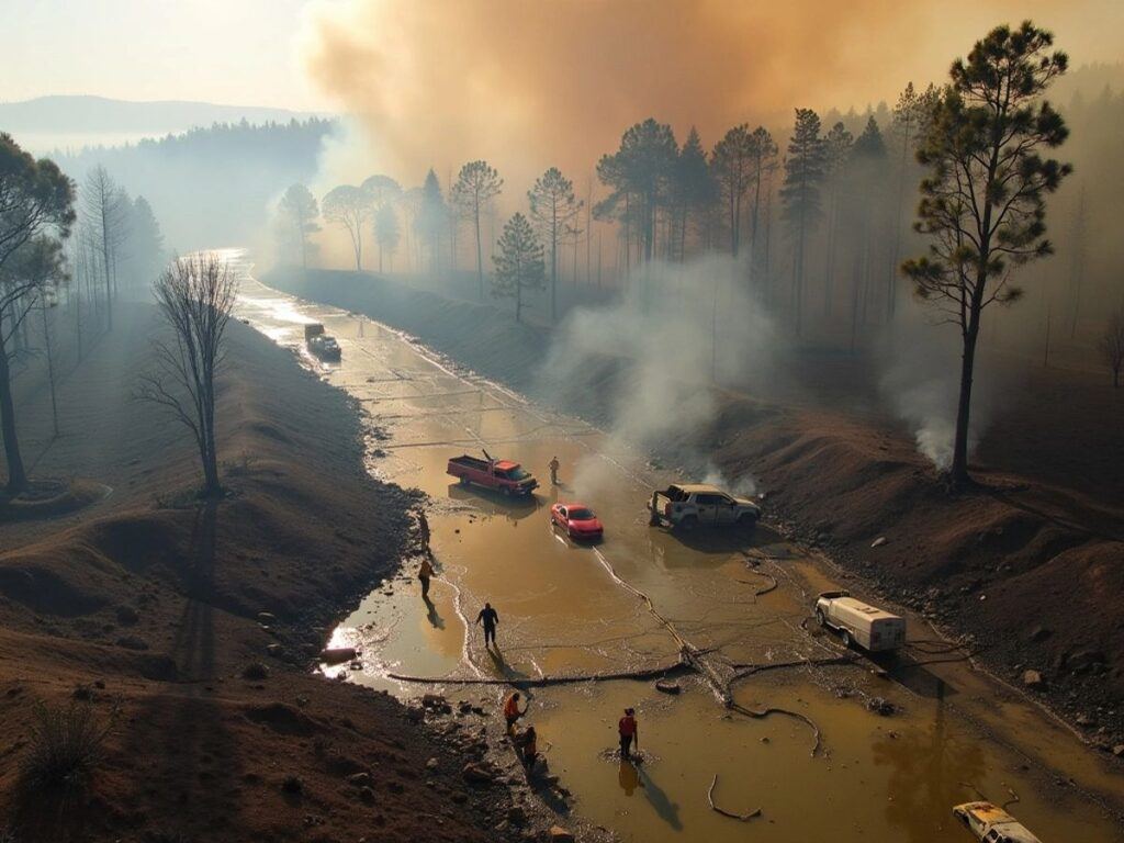 Aerial view of burnt landscape and emergency responders.