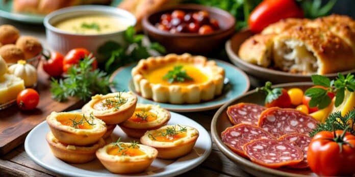 Traditional Portuguese dishes on a rustic wooden table.