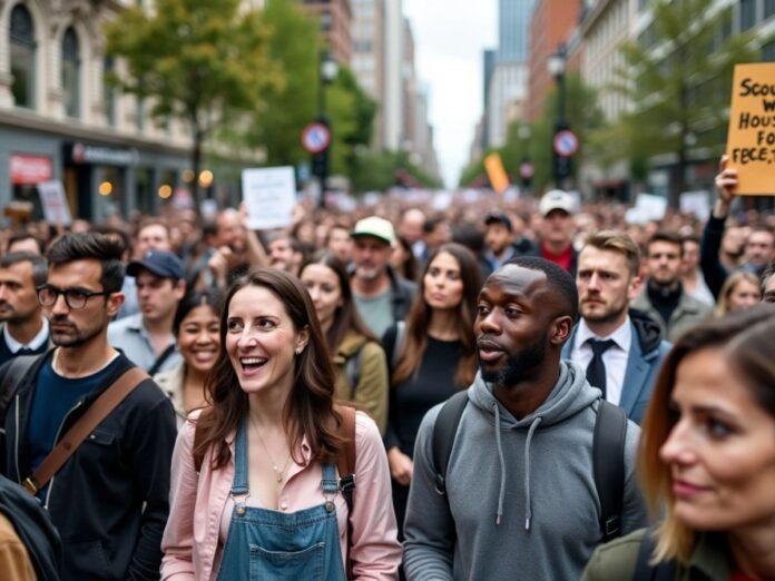 Crowd of people protesting in a city square.